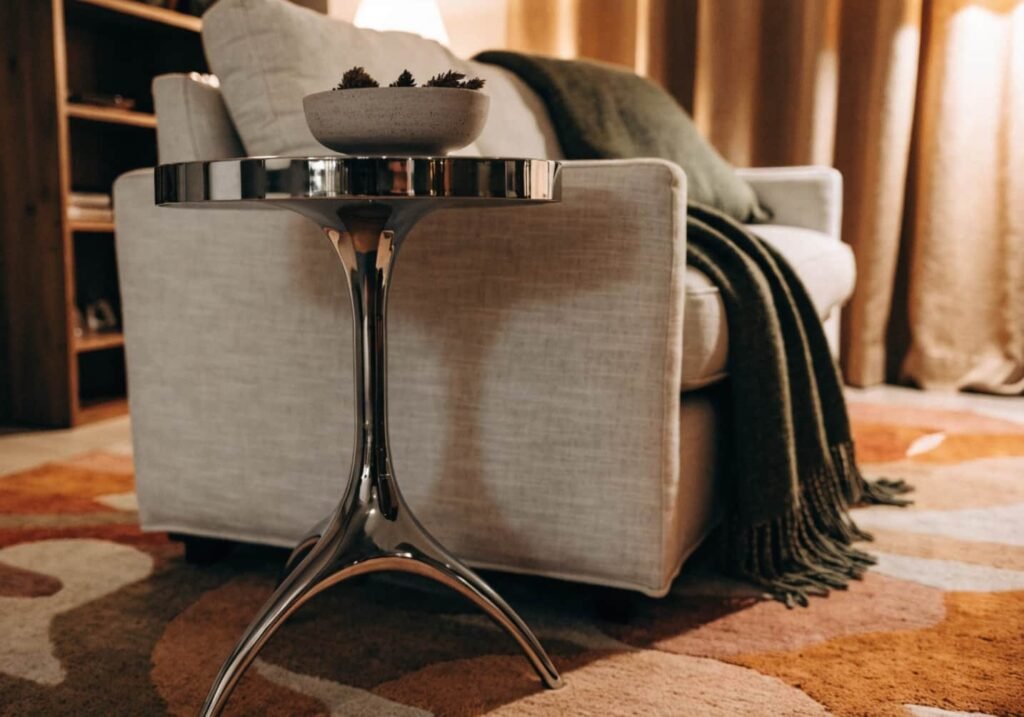 living room with chrome side table beside linen sofa and wool rug