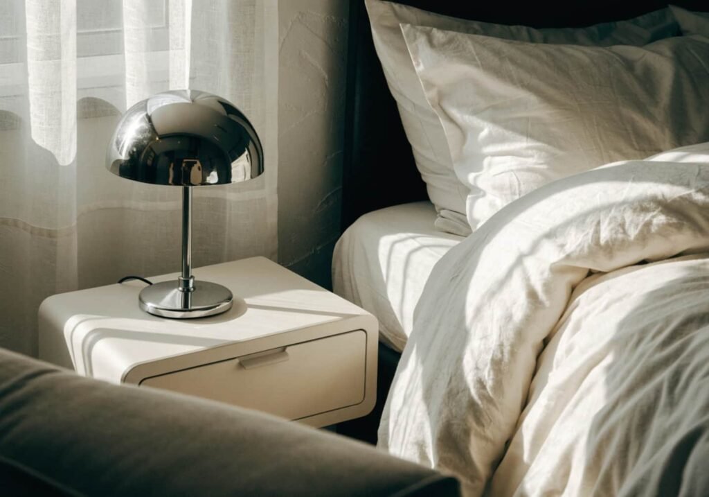 bedroom nightstand with chrome lamp and soft neutral bedding in morning light