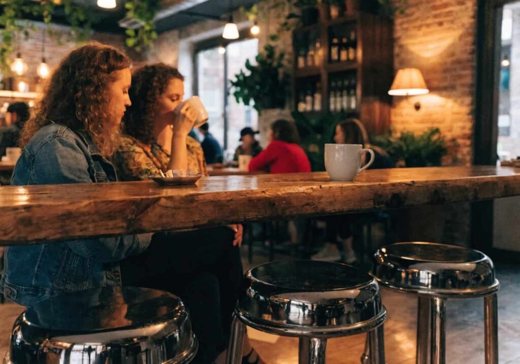 Cafe interior with chrome bar stools and rustic wooden counter showing the chrome and wood decor trend