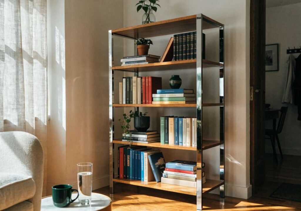 Wooden bookshelf with chrome frame styled with books and plants in a home reading corner