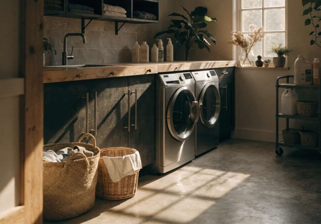 Two-tone laundry cabinetry with folding counter surface