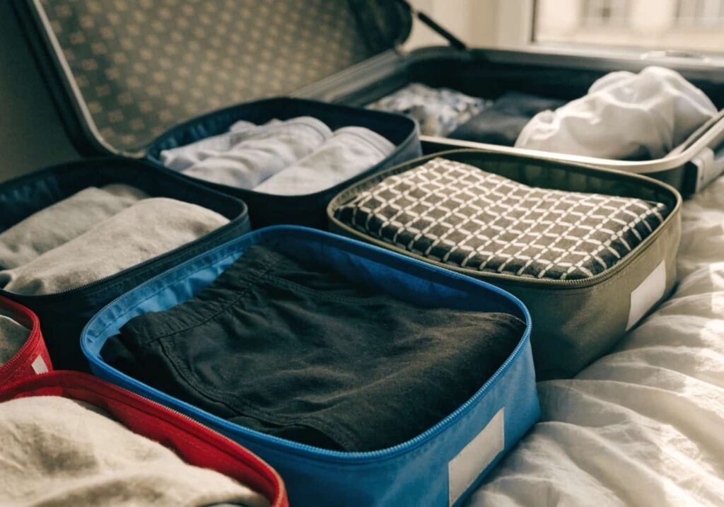 Packing cubes filled with sorted clothes inside an open suitcase
