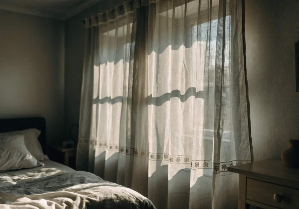 Curtains with delicate embroidered border hanging near a sunlit window