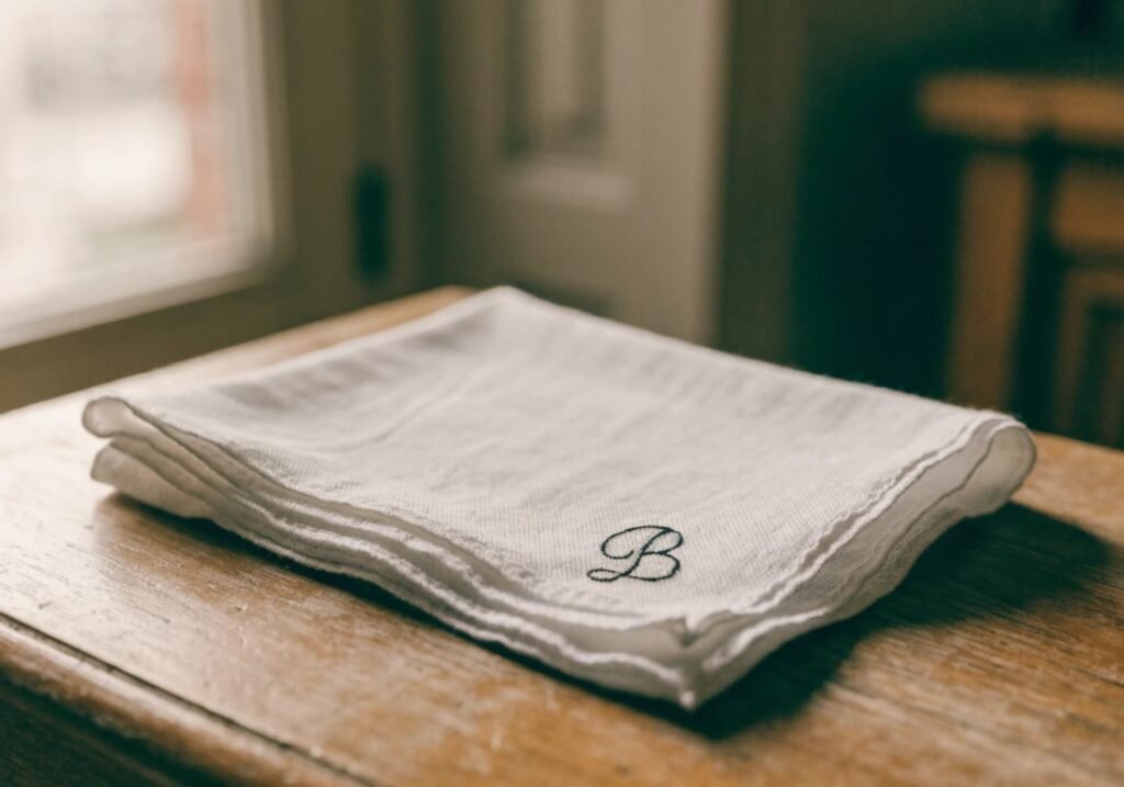 White handkerchief with a small embroidered initial as a personal handmade gift