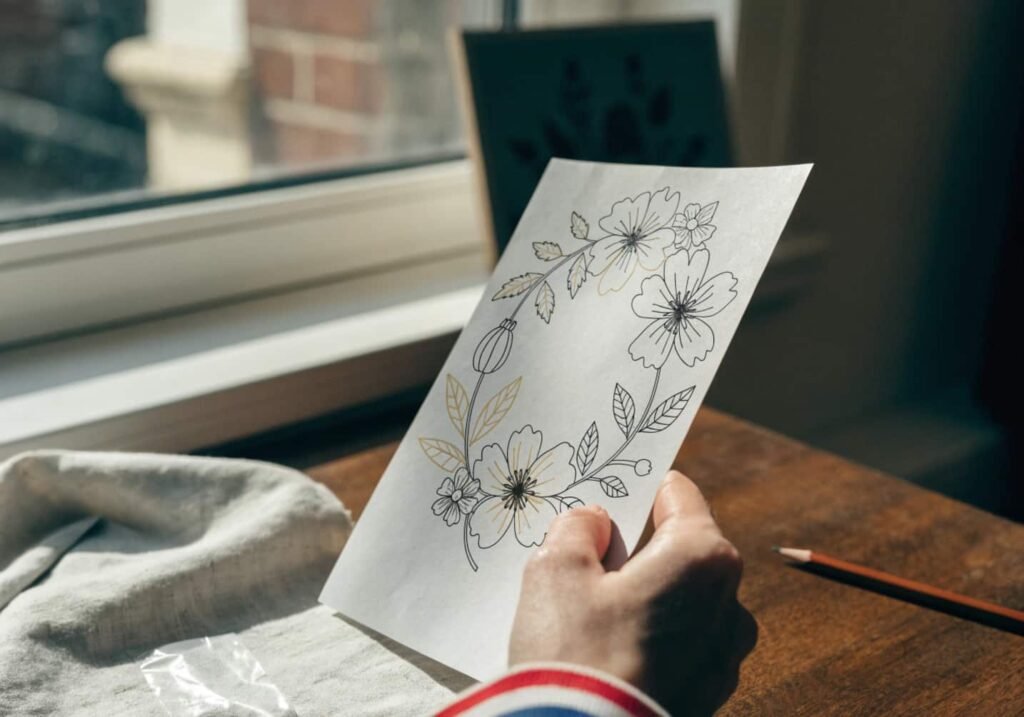 Hand holding a simple floral embroidery pattern next to fabric ready for tracing