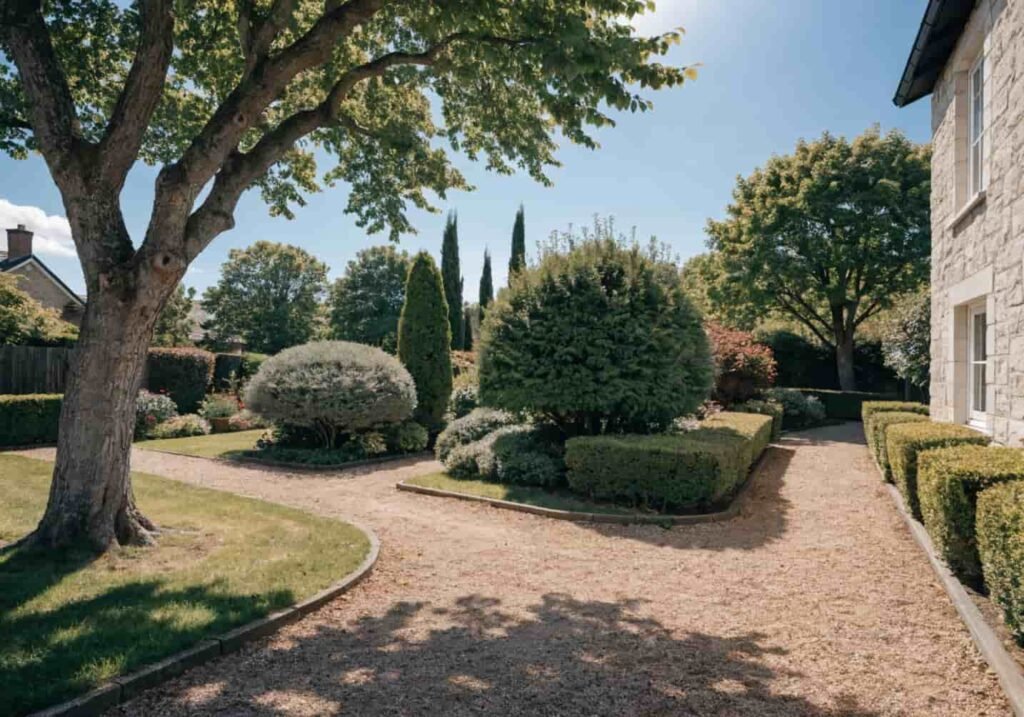 Trees and shrubs creating structure in a large home garden