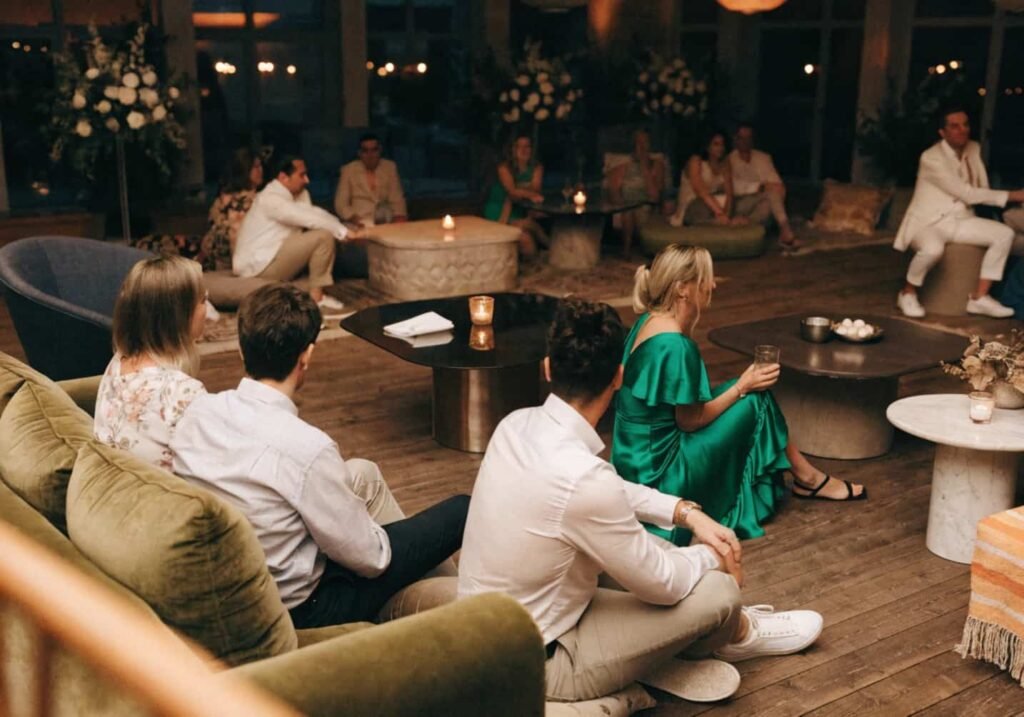 Lounge-style seating arrangement at a modern wedding reception