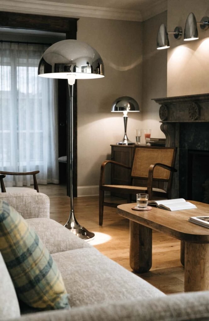 Living room with layered chrome lighting from a floor lamp, table lamp, and wall sconces