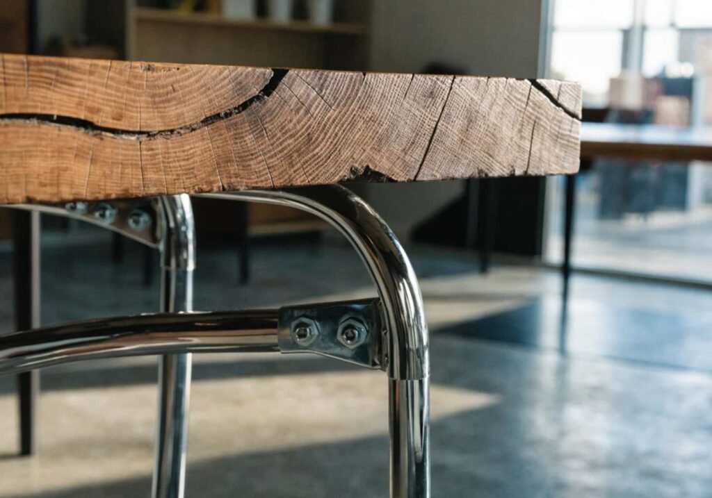 Reclaimed wood table with chrome legs highlighting sustainable furniture design