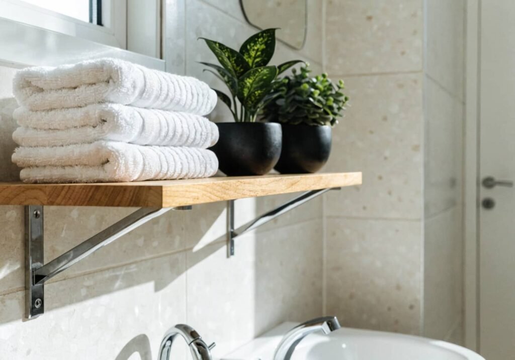 Bathroom wooden shelf with chrome brackets styled with towels and plants