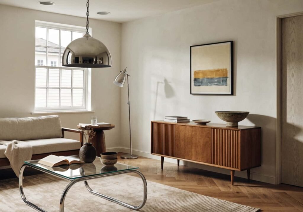 Modern living room combining chrome fixtures and wooden furniture for a calm interior
