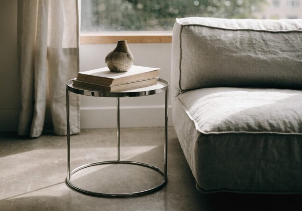 Minimalist living room featuring a chrome side table with books and a ceramic vase