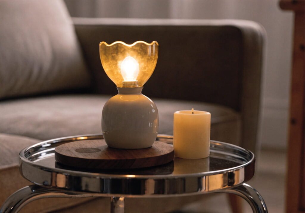 Styled chrome side table vignette with lamp, candle, and wooden coaster in a cozy living room