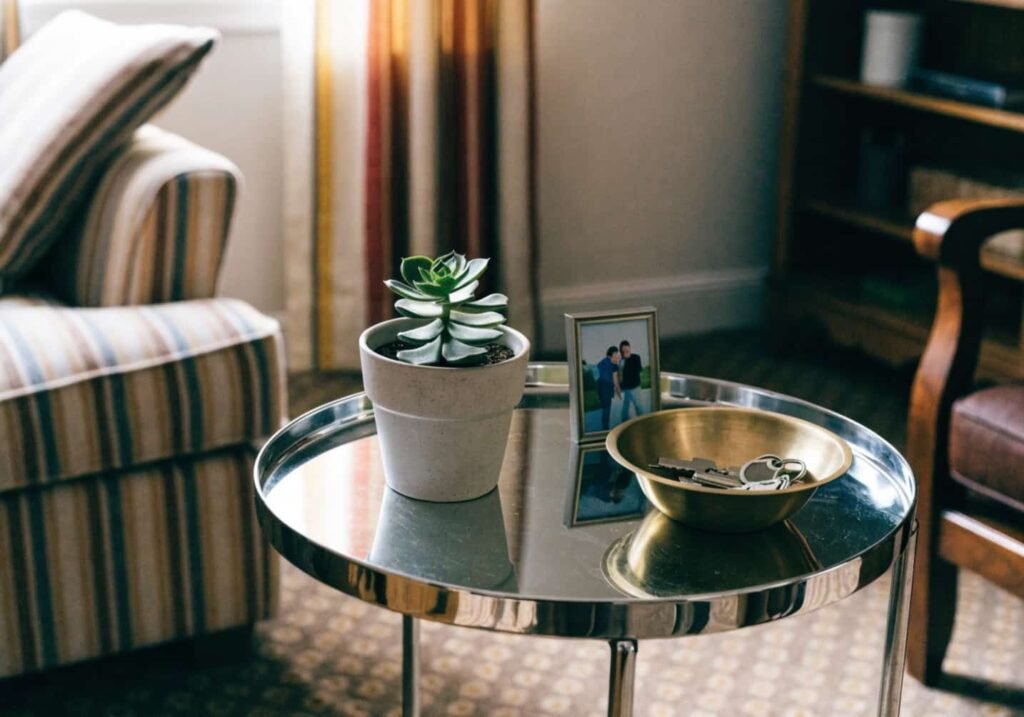 Chrome side table decorated with succulent, framed photo, and brass bowl in a living room