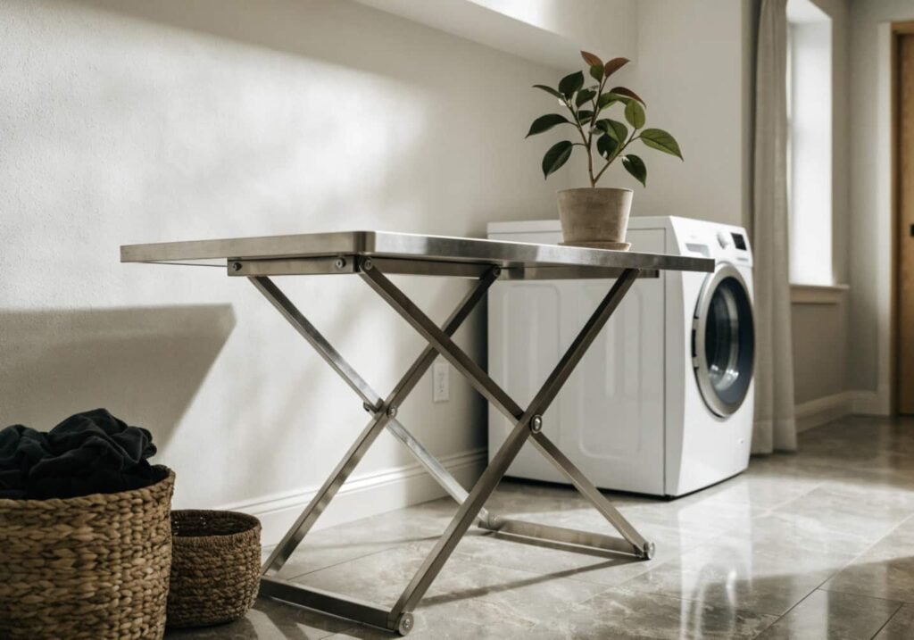 Sleek stainless steel folding table styled in modern laundry space