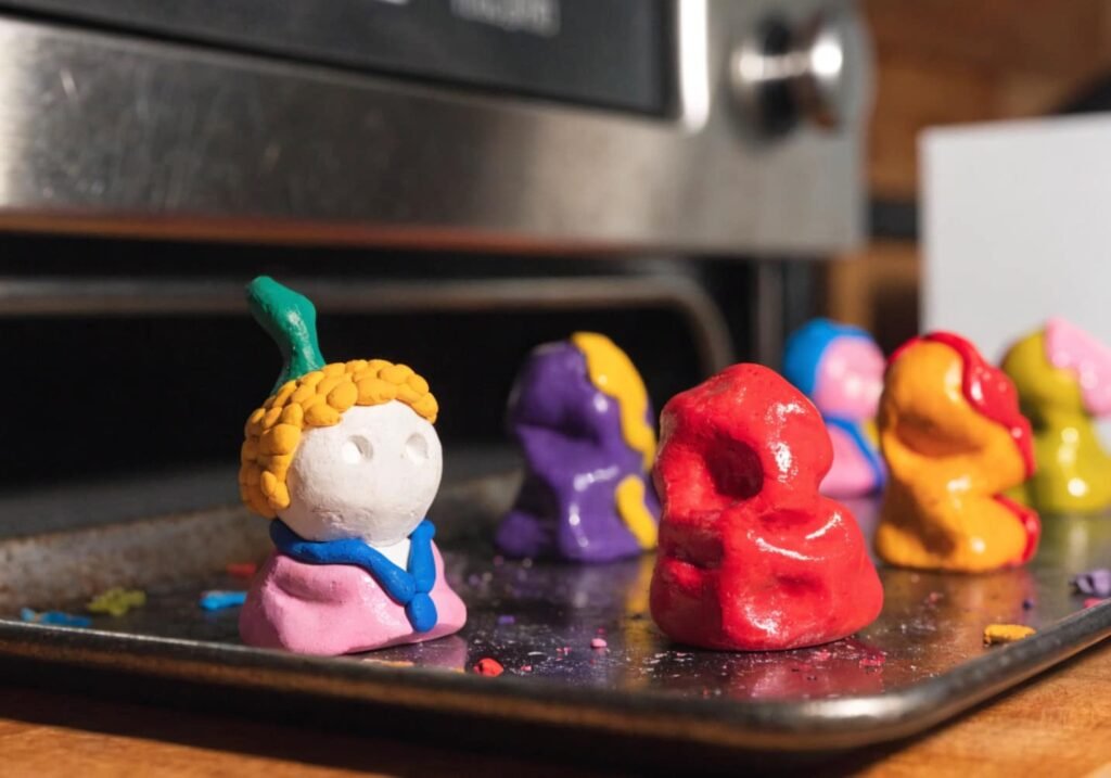 Freshly baked polymer clay figures cooling on a tray