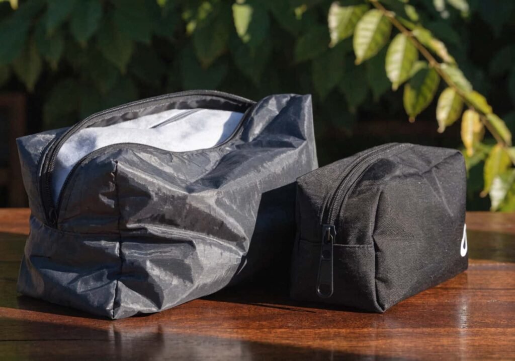 Overpacked travel pouch compared to a neatly organized flight kit
