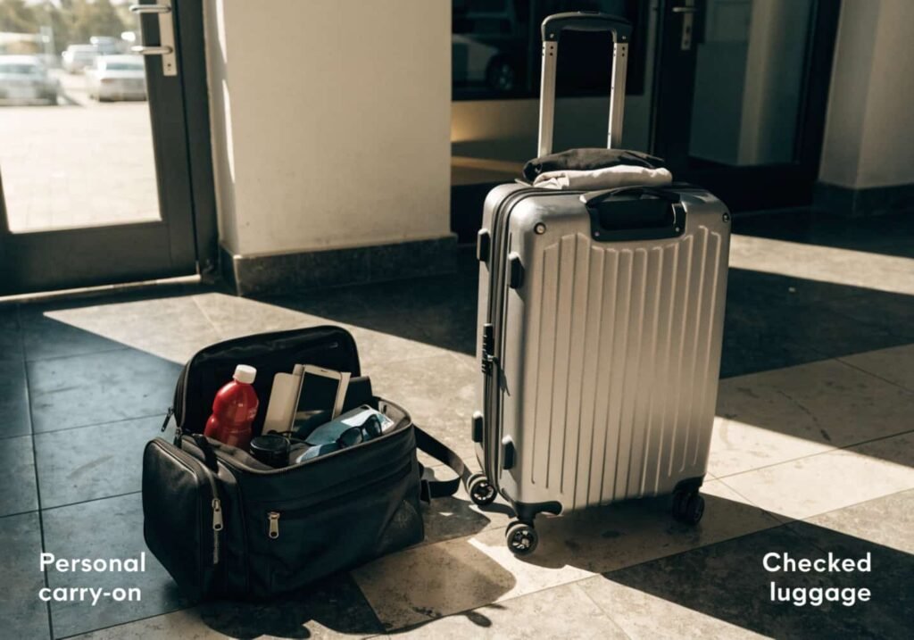 Personal item bag and checked suitcase packed separately for a flight.