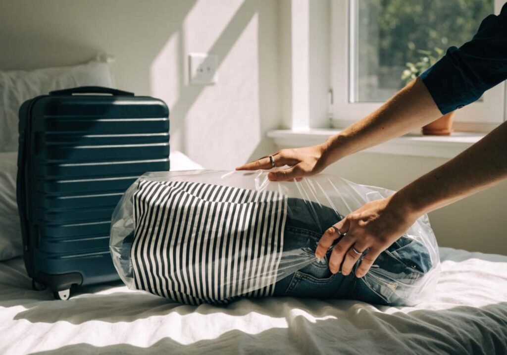 Hands rolling a compression bag to remove air from packed clothes