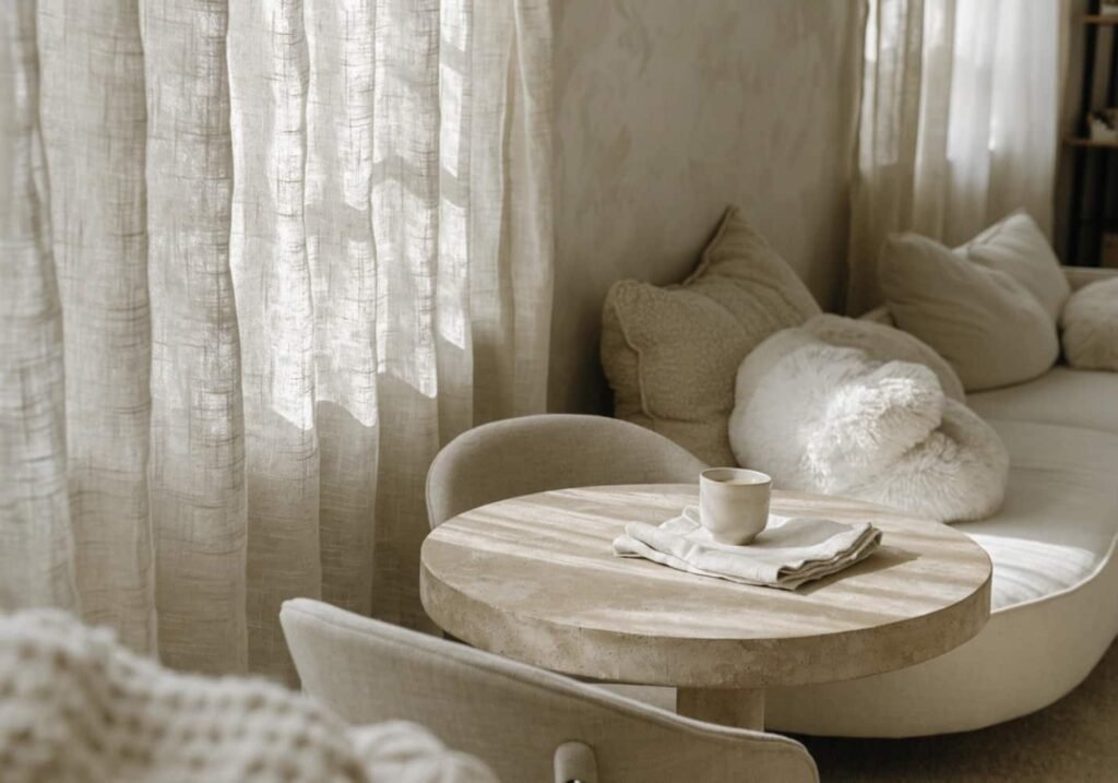 warm beige and cream cafe seating area with linen