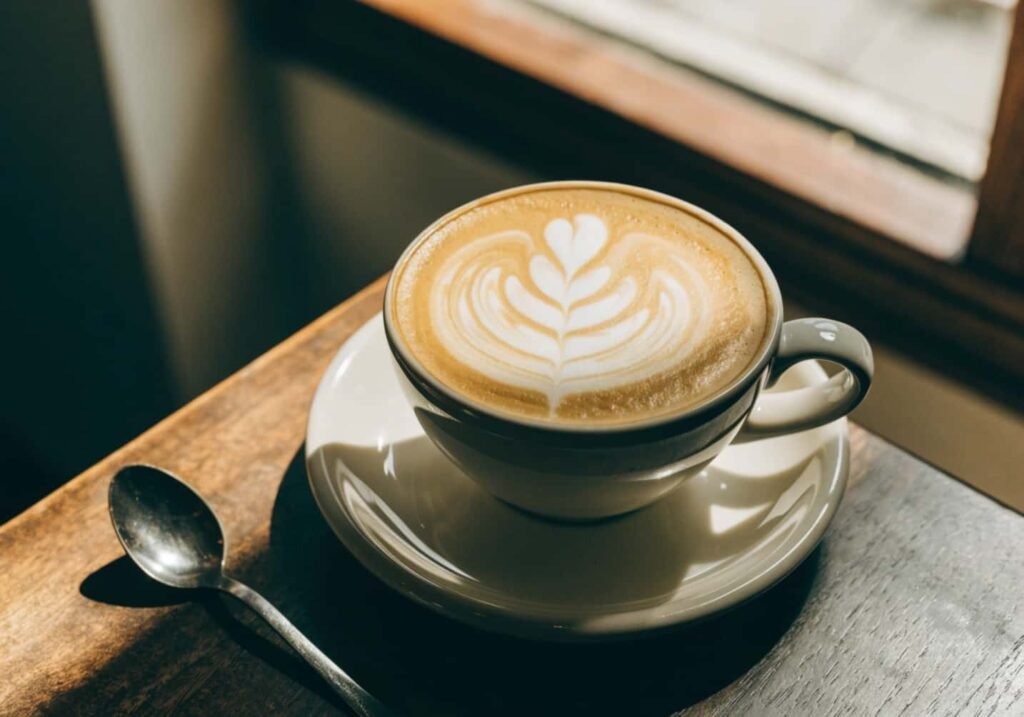Close-up of latte art in a coffee cup with a spoon on a cafe table