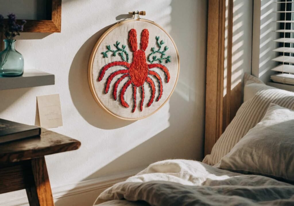 Embroidered wall hanging in a hoop frame decorating a bedroom wall