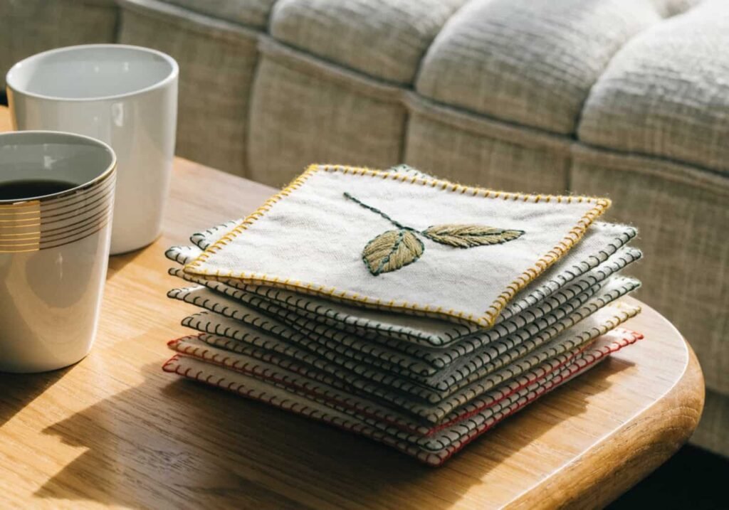 Set of embroidered fabric coasters with leaf pattern used as a small housewarming gift