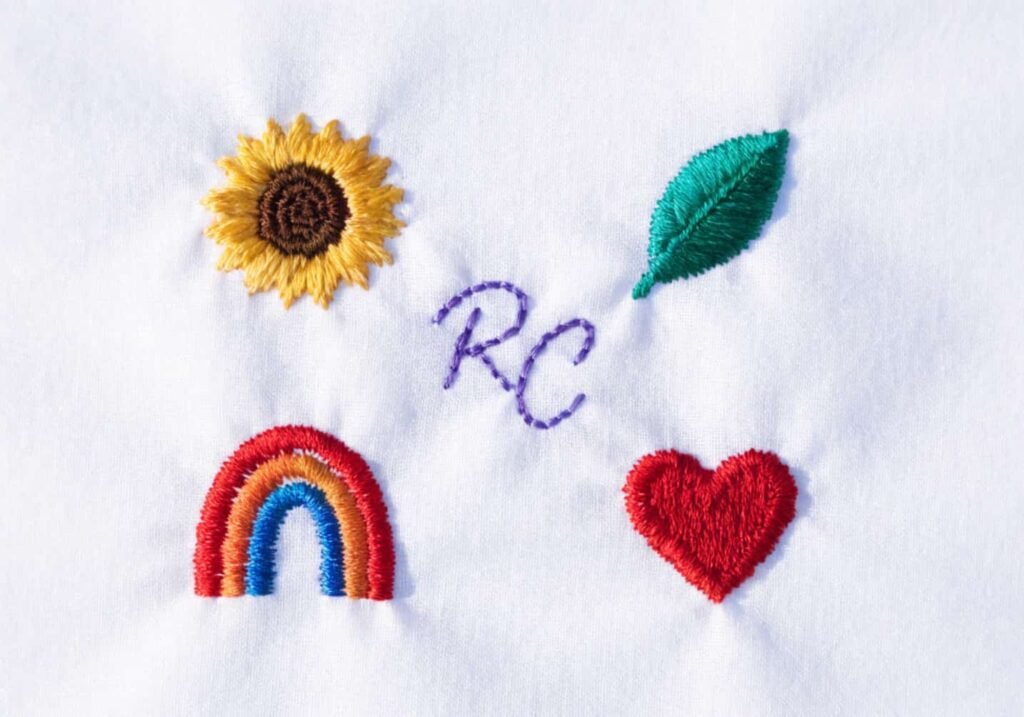 Five simple embroidery practice designs including sunflower, leaf, and heart