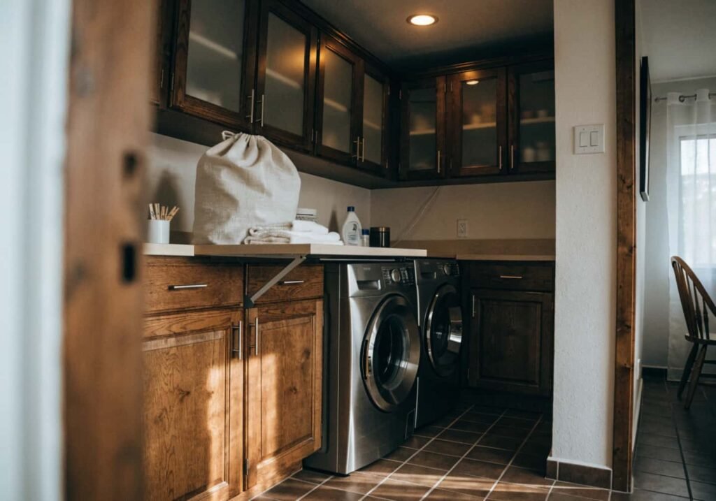 Built-in hamper drawers under a laundry folding counter