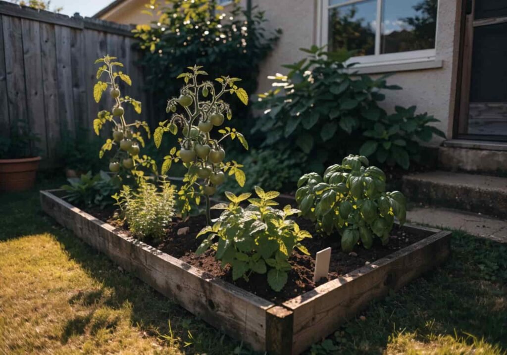 Vegetable and herb garden section in a big backyard