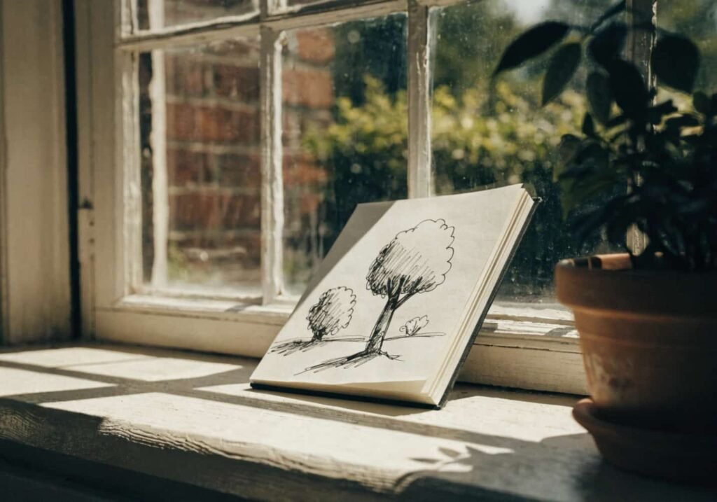Beginner sketch of a round bumpy tree and small bush in a garden drawing