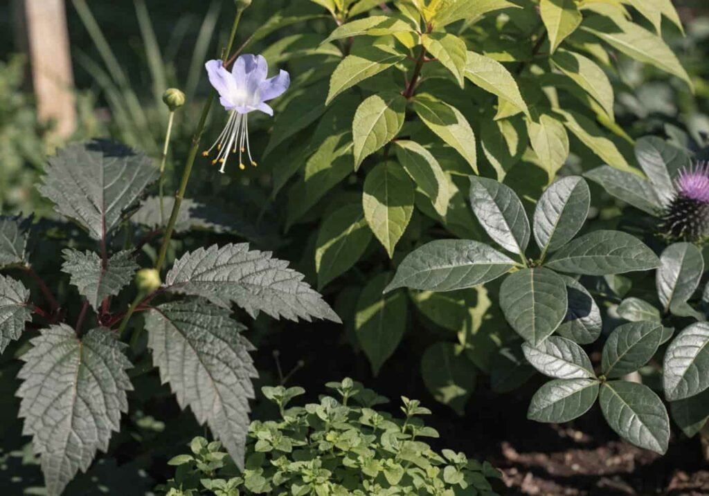 Colorful flowers and healthy plants growing in a garden bed