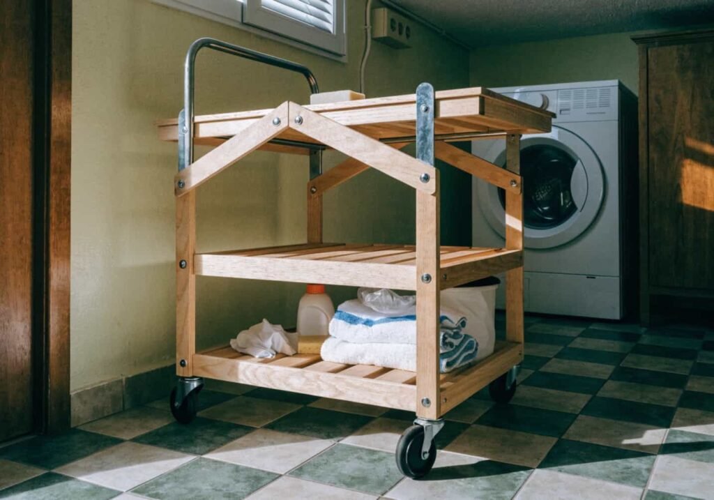 Rolling folding cart with wheels used as a movable laundry folding station