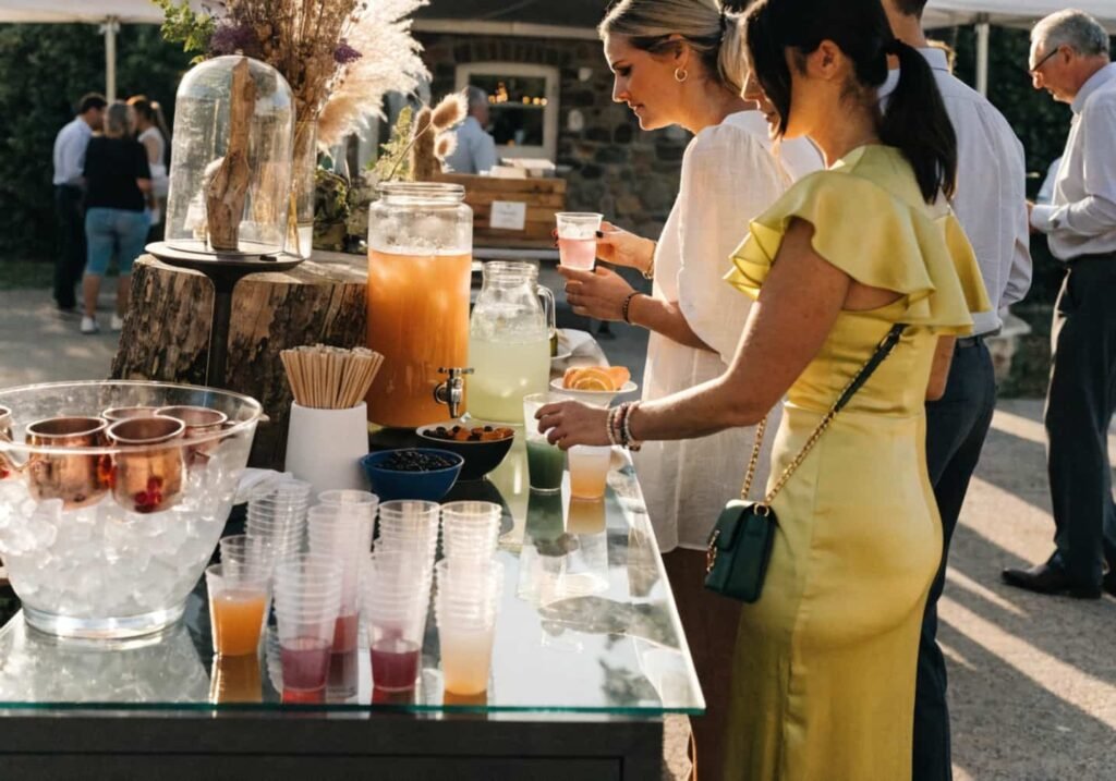 Custom themed drink station at a wedding reception with colorful mocktails