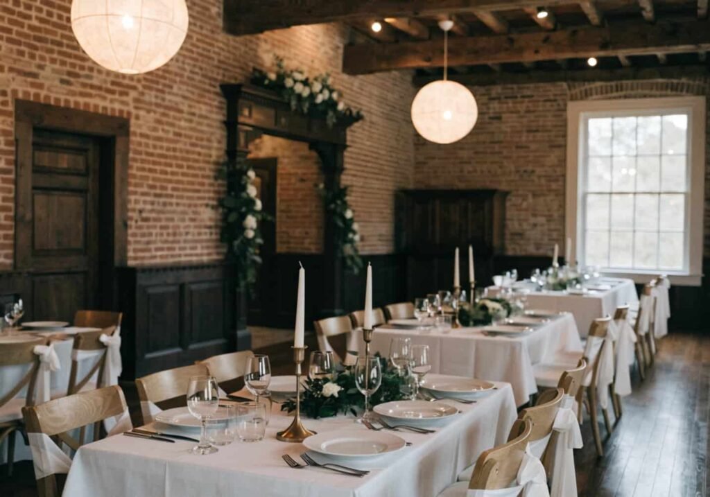 Wedding decor styled to complement the venue's natural architecture