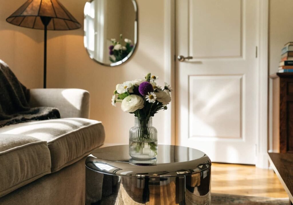 Chrome side table with fresh flowers, matched by a chrome-framed mirror on the wall