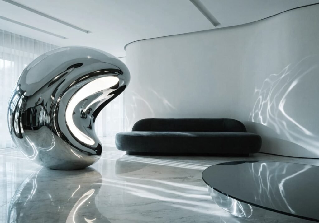 Futuristic liquid chrome sculpture lamp in a minimalist home interior
