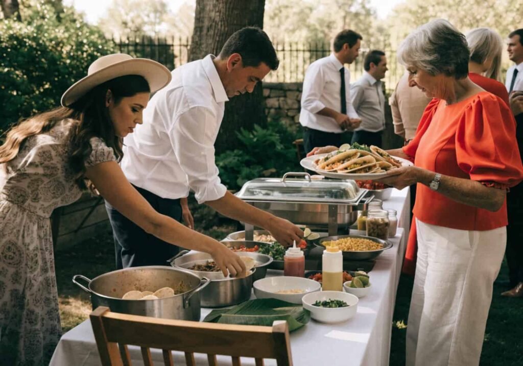 Guests building their own tacos at an interactive wedding food station