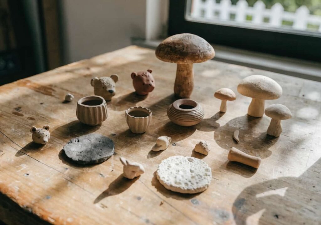 Flat lay of various handmade small clay decor pieces