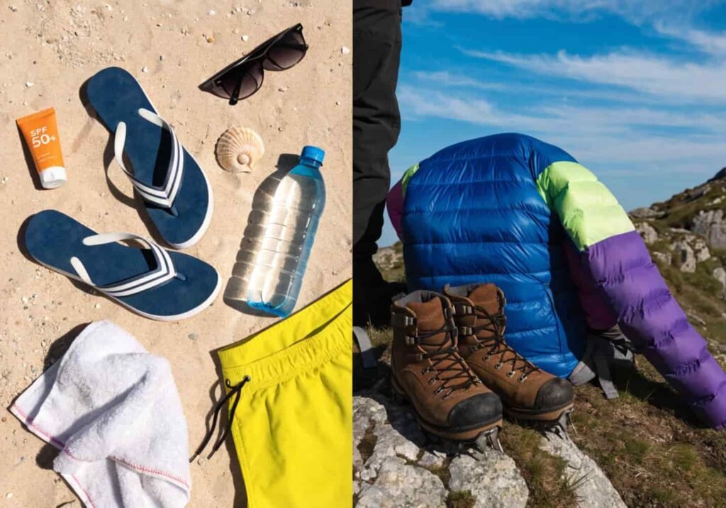 Destination-specific packing items for beach and mountain travel side by side.