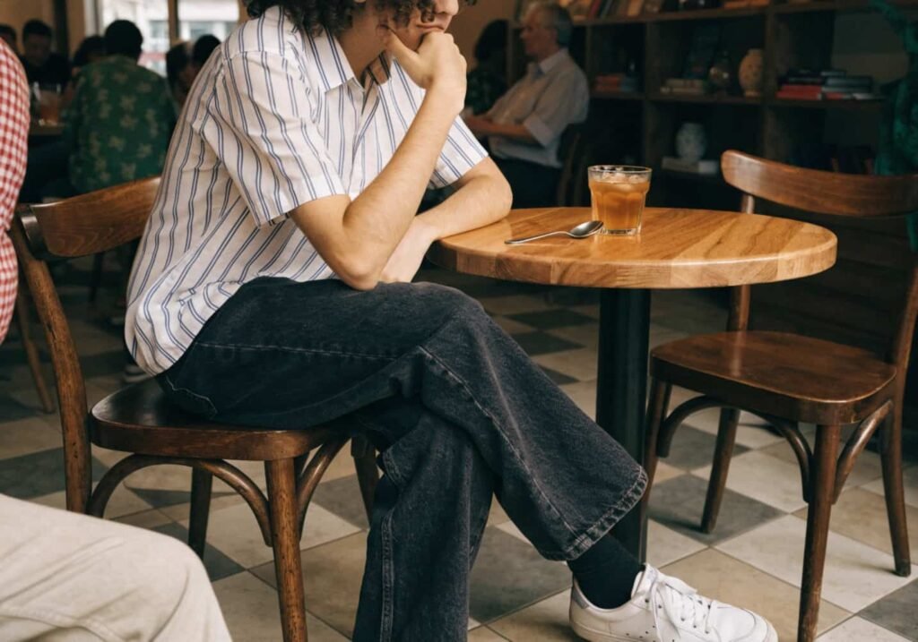 Person sitting with a relaxed, legs-crossed posture at a cafe.