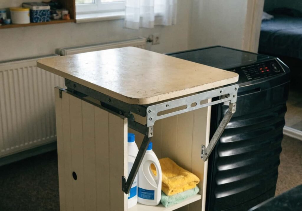 Fold-down folding table with storage shelf for laundry supplies