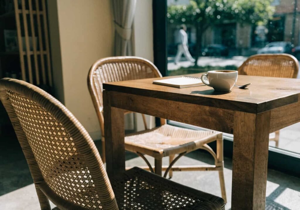rattan chairs and wooden table in a bright minimal cafe