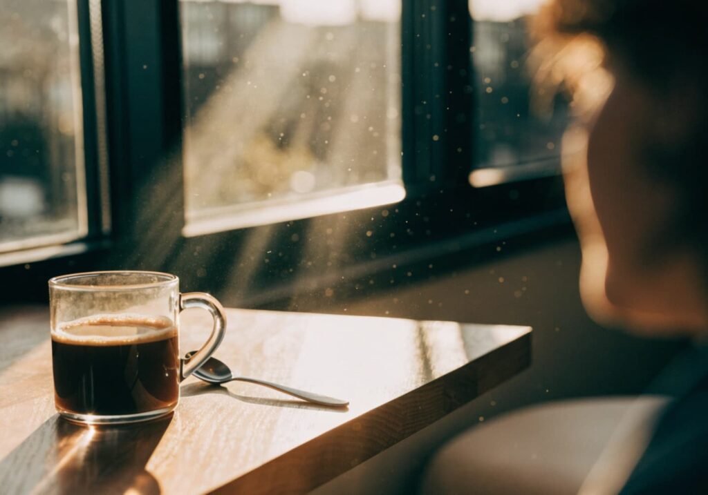 Golden afternoon sunlight streaming through a cafe window creating a warm glowing atmosphere.
