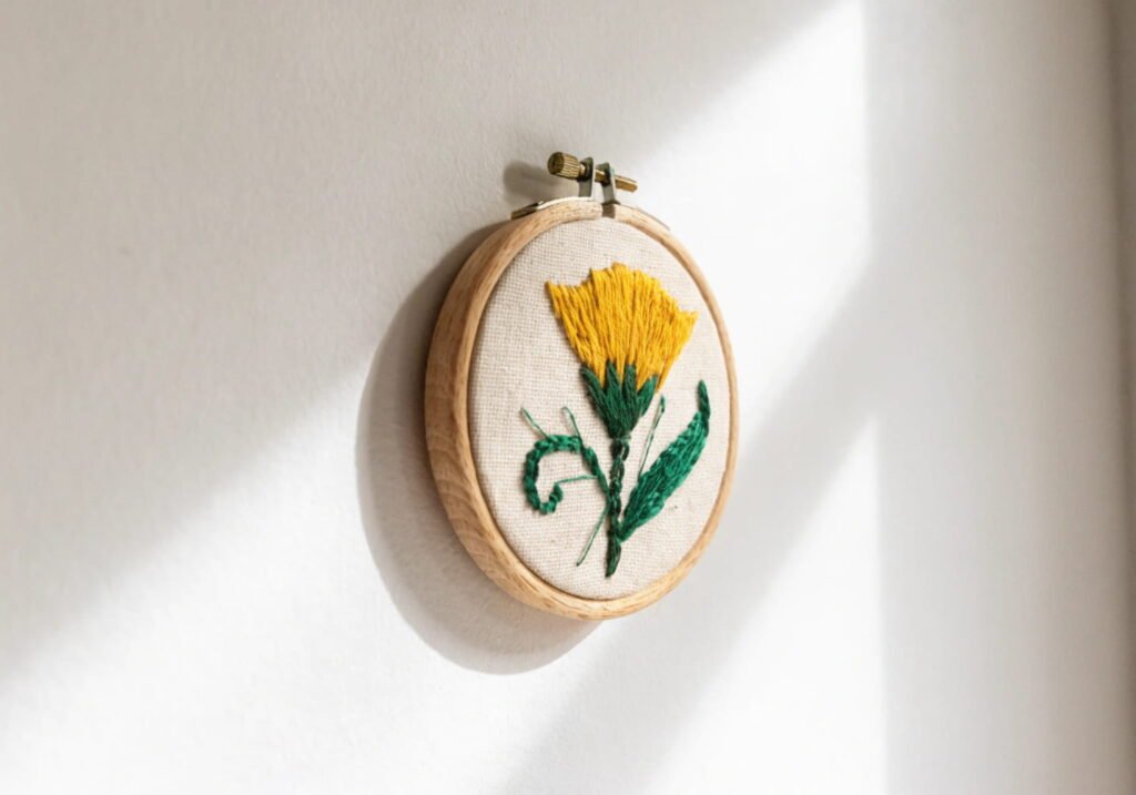 Small embroidery hoop art with a flower design used as a wall decor gift