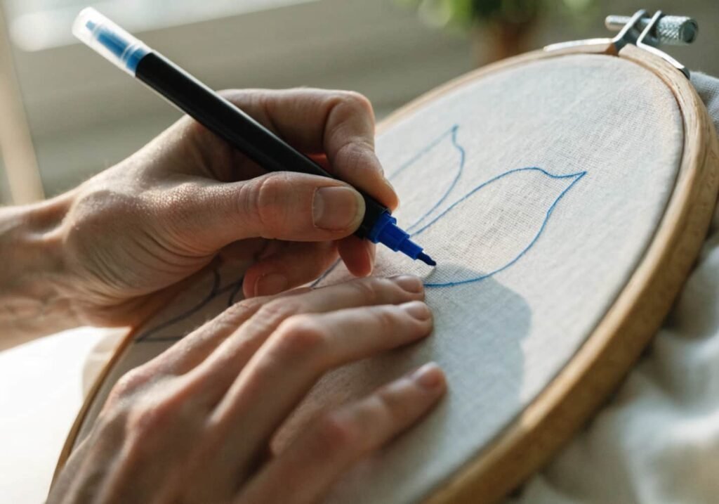 Tracing a floral design onto fabric with a water-soluble marker before stitching