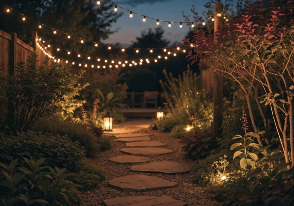 Backyard garden illuminated with warm string lights and lanterns at night