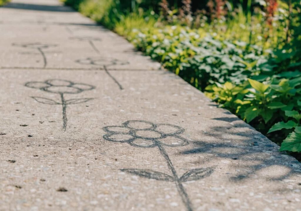 Simple pencil-drawn flowers with round petals lining a garden pathway sketch