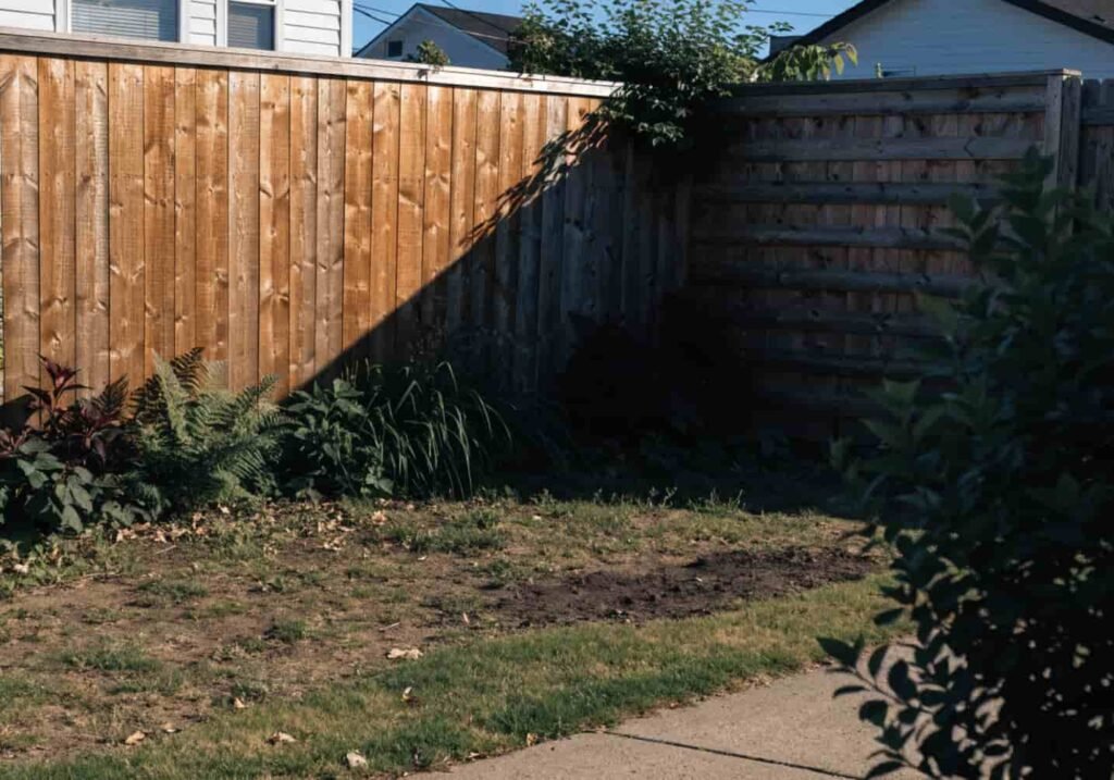 Wooden privacy fence surrounding a backyard garden