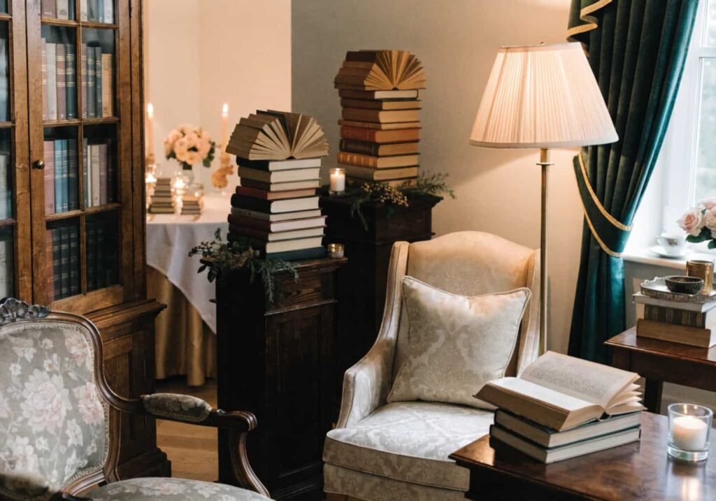 Book-themed wedding reception decor with vintage books and warm lighting